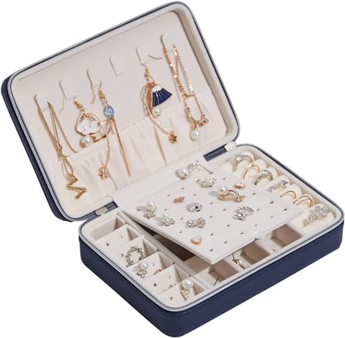 Schmuckschatulle für Damen, Reise-Schmuckschatulle, tragbar, PU-Ohrring-Schmucketui, Reißverschluss, Ohrringring, multifunktionaler Schmuck-Organizer mit herausnehmbarer Trennwand, Schmuck-Organizer, von MINJING