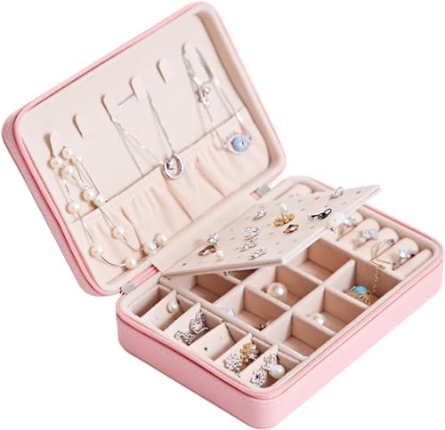 Schmuckschatulle für Damen, Reise-Schmuckschatulle, tragbar, PU-Ohrring-Schmucketui, Reißverschluss, Ohrringring, multifunktionaler Schmuck-Organizer mit herausnehmbarer Trennwand, Schmuck-Organizer, von MINJING