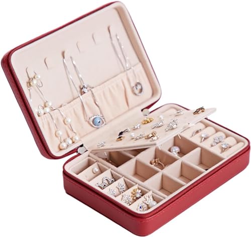 Schmuckschatulle für Damen, Reise-Schmuckschatulle, tragbar, PU-Ohrring-Schmucketui, Reißverschluss, Ohrringring, multifunktionaler Schmuck-Organizer mit herausnehmbarer Trennwand, Schmuck-Organizer, von MINJING