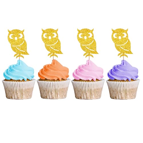 24 Stück Eule Cupcake Topper, Eule Thema Babyparty Party Kuchen Dekor, Eule Essen Picks für Tier Thema Party Kuchen Dekoration – Gold Glitter von MINUET MINUTE