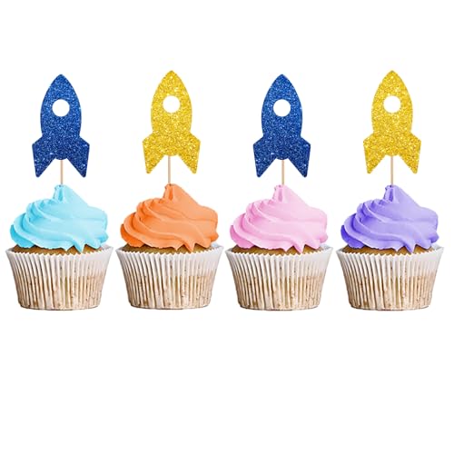 24 Stück Raketenschiff-Cupcake-Topper, Babyparty-Dekoration für Jungen, Astronauten-Dessert-Picks, Weltraum-Mottoparty-Dekoration – Blau & Gold Glitter von MINUET MINUTE