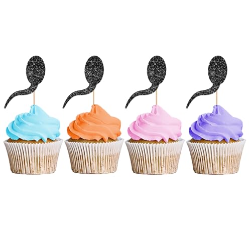 24 Stück Sperma Cupcake Topper, Junggesellinnenabschied, Party-Dekoration, sexy Aufkleber, Lebensmittelspieße für Junggesellinnenabschied, Kuchendekoration – schwarzer Glitzer von MINUET MINUTE