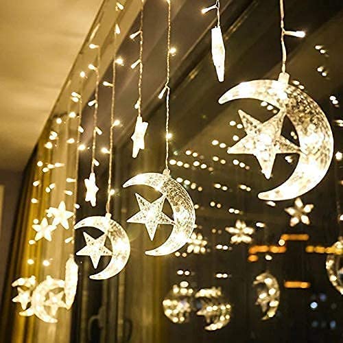 LED Lichterketten Star Moon Vorhang Lichter LED Lichterketten mit 8 blinkenden Modi für Hausgarten Hochzeit Ramadan Fenstervorhang Dekoration (Warmes Weiß) von MIOLOE