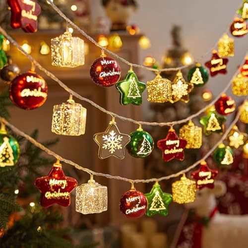 Lichterkette Weihnachten, 3 M 20 LED Weihnachtsdekoration String Lights Weihnachtskugeln Sterne Girlande Weihnachtsbaum Lichter Batteriebetriebene Weihnachtsbeleuchtung für Indoor,Outdoor (01) von MIOLOE