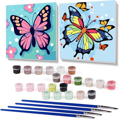 2 Pack Schmetterling Malen Nach Zahlen Erwachsene(Mit Rahmen), DIY Handgemalt Ölgemälde Kit für Anfänger und Erwachsene Mit 3-Pinseln und Acrylfarbe, Ohne Rahmen 20X20CM von MIRCVSH