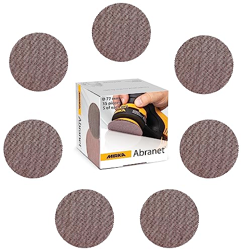 Mirka Abranet Netzschleifscheiben Ø 77mm Klett/Mix-Pack 5 von jeder Körnung 80, 120, 180, 240, 320, 400, 600/35 Stk/Für alle 77mm Exzenterschleifer und Schleifmaschinen von MIRKA