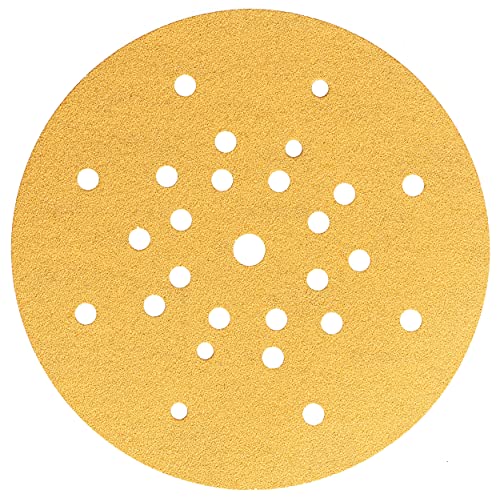 Mirka Gold Schleifpapier Ø 225mm Klett 27-Loch/Korn P150 / 10 Scheiben/Für Trockenbauschleifer Wand- und Deckenschleifer/Zum Schleifen von Gips, Spachtel, Spanplatten, Holz, Lack von MIRKA