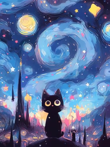 5D DIY Diamond Painting Kinder Erwachsene, Schwarze Katze unter dem Sternenhimmel,A 30 * 40cm Bunt Muster Stickerei Kits Diamantmalerei Home Wanddekoration Wohnzimmer Schlafzimmer Eingang Dekoration von MIRONS