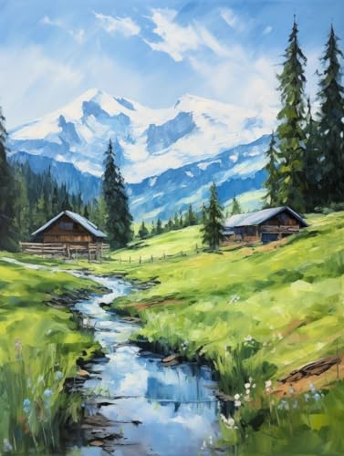 Kreuzstich Stickpackungen Vorgedruckt Set, Landschaft unter den schneebedeckten Bergen, H, 30*40CM Stickvorlagen Stickbilder Zum Sticken Starter Set FüR Erwachsene Kinder AnfäNger, 11CT Cross Stitch von MIRONS