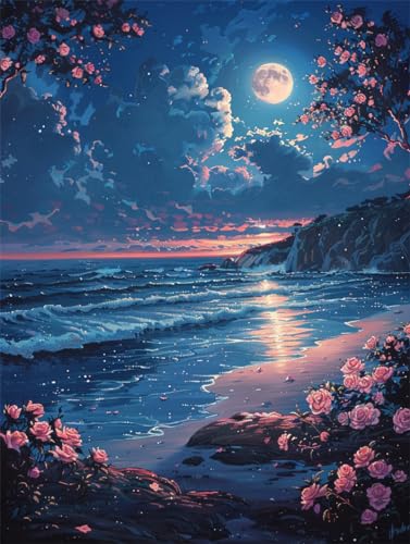 MIRONS 5D Diamant Painting Kit, Strandlandschaft bei Nacht,C,40 * 50cm Diamond Painting Bilder, DIY Diamant Malerei Kinder Erwachsene Diamant Painting Bilder für Room Wall Décor von MIRONS