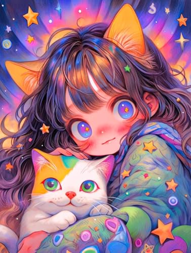 MIRONS 5D Diamond Painting Set, Comic Mädchen und Katze,F,40 * 50cm DIY voller runder Diamant Diamant Kunst Zeichnung Erwachsene Diamant Zeichnung Set mit Accessoires Haus Wanddekoration von MIRONS