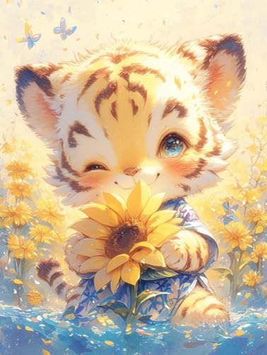 MIRONS DIY 5d Diamant Painting Bilder, Cartoon-Tiger und Blumen, F, 40 x 50 cm Full Drill Diamant Malerei für Erwachsene und Kinder,Diamond Painting Dekoration für Home Wall von MIRONS