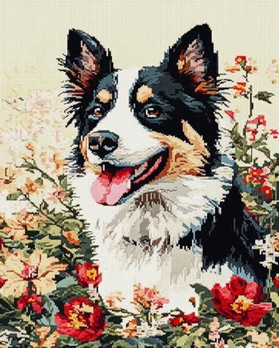 MIRONS Kreuzstich-Stickset, Blumen und Hunde 11CT DIY gestempelte Kreuzstich-Kits Hand Volle Linie Vorgedruckte Stickerei Starter Kits für Anfänger 40 * 50cm von MIRONS