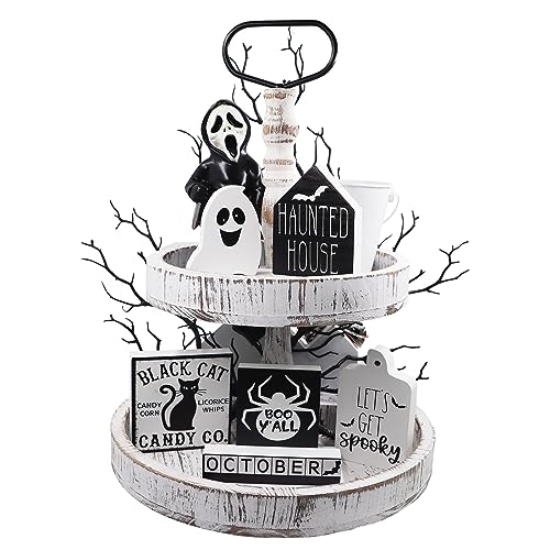 MISBEST Halloween Tiered Tray Decor,Halloween Decorations Hunted House Black Cat Boo Spooky Halloween Table Wooden Sign Halloween Tiered Tray,Halloween Shelf Decoration Fall Farmhouse Decor von MISBEST