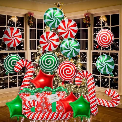 MISITU Weihnachtsfolienballons Große Candy Candy Cane Balloons Rotgrüne Sternballons Bonbons Ballons Weihnachtsdekorationen 26 Stück von MISITU