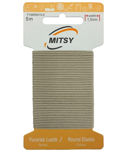 MITSY Reißfeste Rund Gummiband Gummikordel Gummibänder zum Nähen Breit 1.5 mm 5 m Beige Stark Rundgummi Gummilitze für Hosengummi Haushalt DIY Handwerk Stoffe zum Nahen von MITSY