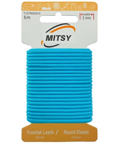 MITSY Reißfeste Rund Gummiband Gummikordel Gummibänder zum Nähen Breit 3 mm 5 m Türkis Stark Rundgummi Gummilitze für Hosengummi Haushalt DIY Handwerk Stoffe zum Nahen von MITSY