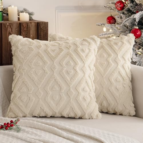 MIULEE 2er Set Weihnachten Wolle Kissenbezüge Weicher Dekokissen Plüsch Kissenbezug Boho Deko Kissen Sofa Aesthetic Geometrische Sofakissen Zierkissenbezug für Wohnzimmer Schlafzimmer Beige 40x40cm von MIULEE