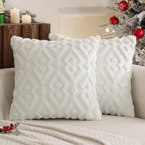 MIULEE 2er Set Weihnachten Wolle Kissenbezüge Weicher Dekokissen Plüsch Kissenbezug Boho Deko Kissen Sofa Aesthetic Geometrische Sofakissen Zierkissenbezug für Schlafzimmer Cremeweiß 50x50cm von MIULEE