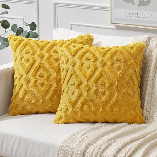 MIULEE 2er Set Wolle Kissenbezüge Weicher Dekokissen Plüsch Kissenbezug Boho Deko Kissen Sofa Aesthetic Geometrische Sofakissen Polyster Zierkissenbezug für Wohnzimmer Schlafzimmer Senfgelb 40x40cm von MIULEE