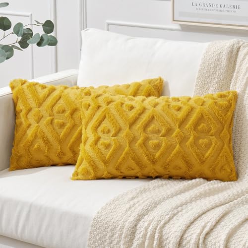 MIULEE 2er Set Wolle Kissenbezüge Weicher Dekokissen Plüsch Kissenbezug Boho Deko Kissen Sofa Aesthetic Geometrische Sofakissen Polyster Zierkissenbezug für Wohnzimmer Schlafzimmer Senfgelb 30x50cm von MIULEE