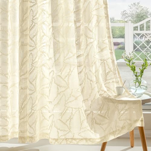 MIULEE Gardinen Voile Vorhang Vorhänge mit Blattmustern halbtransparent mit Ösen Curtains Schals für Wohnzimmer Schlafzimmer Kinderzimmer 2er Set 160×140cm (H×B) Beige von MIULEE