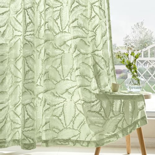 MIULEE Gardinen Voile Vorhang Vorhänge mit Blattmustern halbtransparent mit Ösen Curtains Schals für Wohnzimmer Schlafzimmer Kinderzimmer 2er Set 160×140cm (H×B) Grün von MIULEE