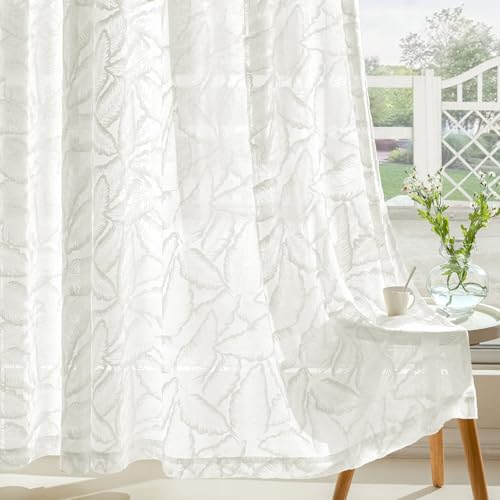 MIULEE Gardinen Voile Vorhang Vorhänge mit Blattmustern halbtransparent mit Ösen Curtains Schals für Wohnzimmer Schlafzimmer Kinderzimmer 2er Set 160×140cm (H×B) Weiß von MIULEE