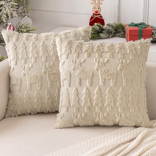 MIULEE Weihnachten Kissenbezug Weihnachtstag 2er Set Kurz Wolle und Samt Kissenbezüge Deko Luxuriöses Winter Zierkissenbezug für Sofa Schlafzimmer Wohnzimmer, Elch-Muster, Beige, 45x45cm von MIULEE