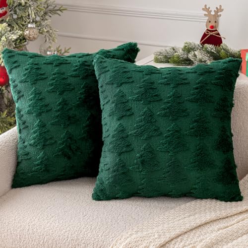 MIULEE Kissenbezug Weihnachtstag 2er Set Kurz Wolle und Samt Kissenbezüge Deko Luxuriöses Winter Zierkissenbezug für Sofa Schlafzimmer Wohnzimmer, Kleiner Weihnachtsbaum, Dunkelgrün, 45x45cm von MIULEE