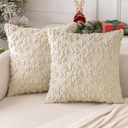 MIULEE Kissenbezug Weihnachtstag 2er Set Kurz Wolle und Samt Kissenbezüge Deko Luxuriöses Winter Zierkissenbezug für Sofa Schlafzimmer Wohnzimmer, Runde Schneeflocken, Beige, 45x45cm von MIULEE