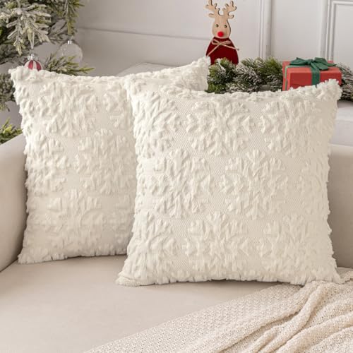 MIULEE Weihnachten Kissenbezug Weihnachtstag 2er Set Kurz Wolle und Samt Kissenbezüge Deko Luxuriöses Winter Zierkissenbezug für Sofa Schlafzimmer Wohnzimmer, Runde Schneeflocken, Creme, 45x45cm von MIULEE