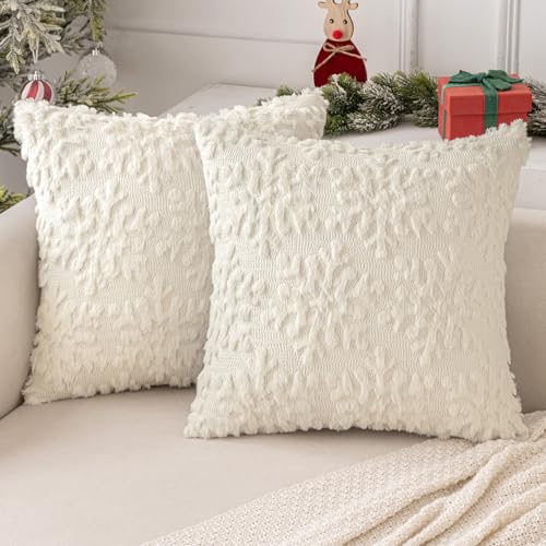 MIULEE Kissenbezug Weihnachtstag 2er Set Kurz Wolle und Samt Kissenbezüge Deko Luxuriöses Winter Zierkissenbezug für Sofa Schlafzimmer Wohnzimmer, Schneeflocken, Creme, 45x45cm von MIULEE