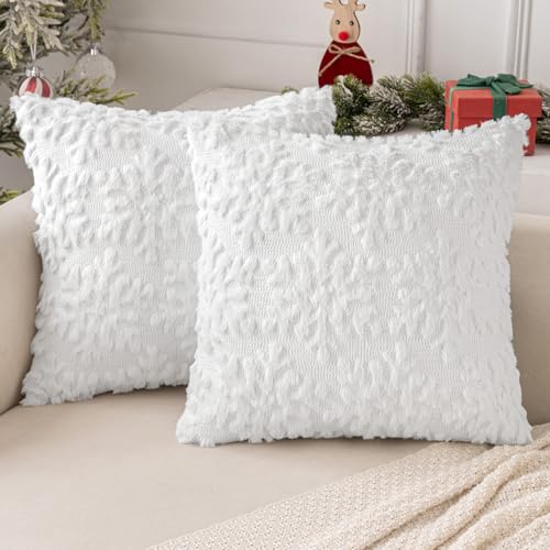 MIULEE Weihnachten Kissenbezug Weihnachtstag 2er Set Kurz Wolle und Samt Kissenbezüge Deko Luxuriöses Winter Zierkissenbezug für Sofa Schlafzimmer Wohnzimmer, Schneeflocken, Weiß, 45x45cm von MIULEE