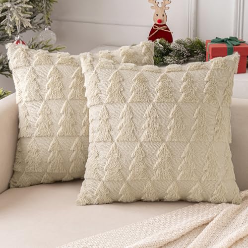 MIULEE Weihnachten Kissenbezug Weihnachtstag 2er Set Kurz Wolle und Samt Kissenbezüge Deko Luxuriöses Winter Zierkissenbezug für Sofa Schlafzimmer Wohnzimmer, Weihnachtsbäume Muster, Beige, 45x45cm von MIULEE