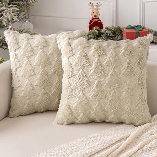 MIULEE Kissenbezug Weihnachtstag 2er Set Kurz Wolle und Samt Kissenbezüge Deko Luxuriöses Winter Zierkissenbezug für Sofa Schlafzimmer Wohnzimmer, Weihnachtsbaum, Beige, 45x45cm von MIULEE