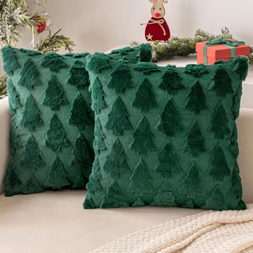 MIULEE Weihnachten Kissenbezug Weihnachtstag 2er Set Kurz Wolle und Samt Kissenbezüge Deko Luxuriöses Winter Zierkissenbezug für Sofa Schlafzimmer Wohnzimmer, Weihnachtsbaum, Dunkelgrün, 45x45cm von MIULEE