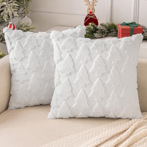 MIULEE Weihnachten Kissenbezug Weihnachtstag 2er Set Kurz Wolle und Samt Kissenbezüge Deko Luxuriöses Winter Zierkissenbezug für Sofa Schlafzimmer Wohnzimmer, Weihnachtsbaum, Weiß, 45x45cm von MIULEE