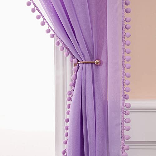 MIULEE Vorhänge mit Pompons-Wunderschöne Pompon Gardinen für Kinderzimmer Mädchen, Mädchenzimmer, Lila Transparent Gardinen mit Ösen, Schlafzimmer Wohnzimmer Vorhang mit Bommeln, 2X H 225 X B 140cm von MIULEE