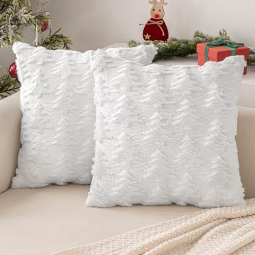 MIULEE Weihnachten Kissenbezug Weihnachtstag 2er Set Kurz Wolle und Samt Kissenbezüge Deko Luxuriöses Winter Zierkissenbezug für Sofa Schlafzimmer Wohnzimmer, Kleiner Weihnachtsbaum, Weiß, 45x45cm von MIULEE