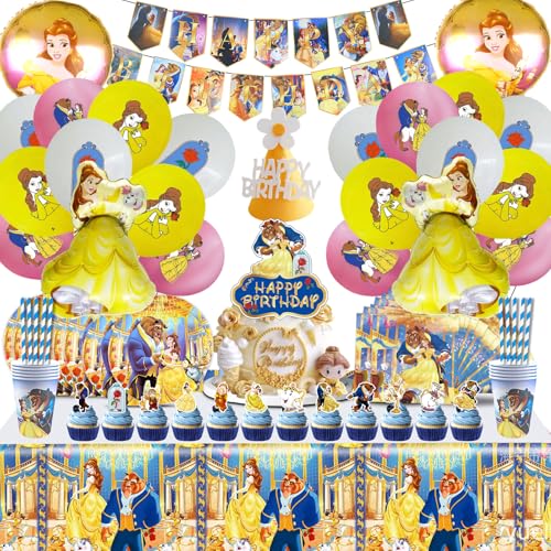 100 Stück Die Schöne und das Biest Partygeschirr Ballons Gebutstag Party Set Prinzessin Geburtstagsdeko Banner Teller Tasse Tischdecke Partygeschirr Prinzessin Party Supplies von MIUNUO