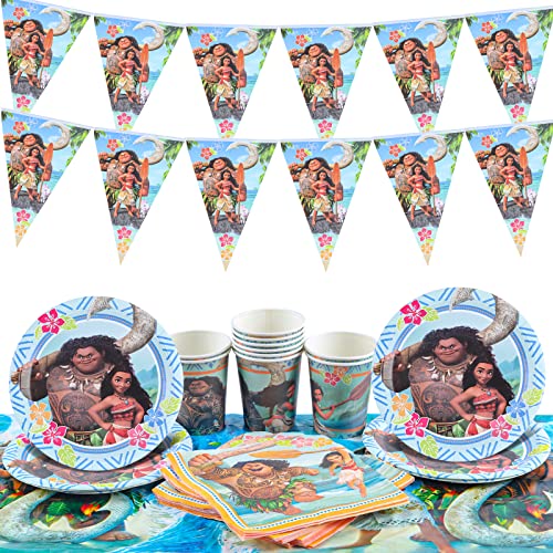 Vaiana Geburtstagsdeko,Vaiana Geburtstag Partygeschirr,Vaiana Party Geschirr Set, Vaiana Kindergeburtstag Deko Set, Moana Party Dekoration mit Banner Tischdecke Teller Tassen Servietten von MIUNUO