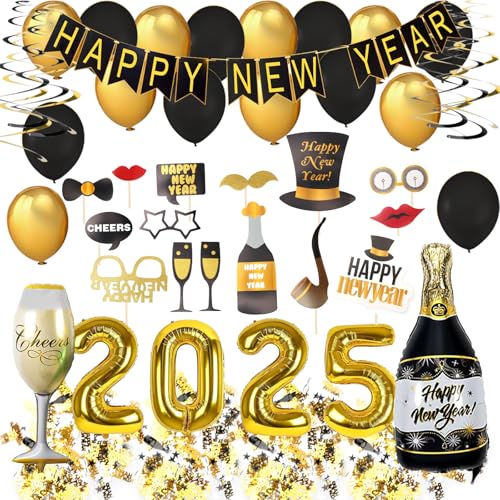 MIUUIPI Silvester Deko 2025, 51 Stück Silvester Dekoration Set, Deko Luftballons, Fotorequisiten, Happy New Year Girlande, Konfetti, Neujahrsdeko Accessoire für Silvesterparty Schwarz Gold von MIUUIPI