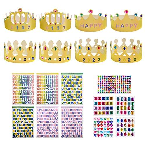 MIVAIUN 8 Stück Goldene Papierkrone DIY Partyhüte Set mit 6 Blätter Alphanumerische Aufkleber und 5 Blätter Selbstklebende Strasssticker, Party Kronehut für Junge Mädchen, Geburtstagsparty (8 Stück) von MIVAIUN