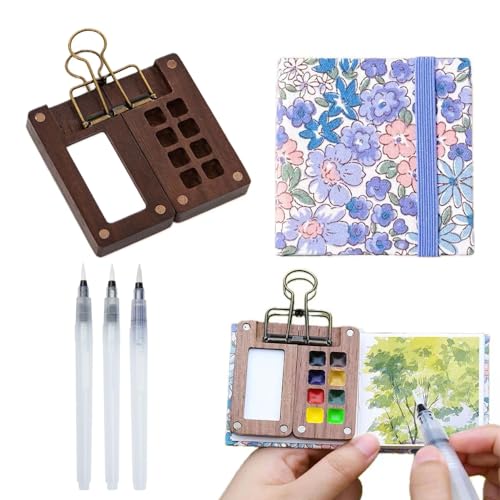 Tragbares Skizzenbuch-Paletten-Set – 8 Fächer, Mini-Holz-Malpalette für Gouache, Acrylmalerei – kommt mit Aquarell-Papier-Tagebuch, Pinselstiften und Clip von MIXJOY