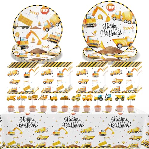 53 Stück Baustelle Partygeschirr Baustelle Geburtstag Deko Geburtstag Geschirr für 10 Gäste Pappteller Servietten Tischdecke Cupcake Topper Set Happy Birthday Deko Bagger Baustelle Party Deko von MIYUANGKJ