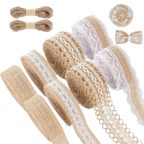 MIYUANGKJ Juteband mit Spitze 8 Rollen Juteband Natur Geschenkband Jute mit 2 Stück 10m Juteseil Leinwand-Spitzenband mit Weißer Bordüre Stoff für Weihnachten Hochzeit Party Zuhause Geschenkdekoration von MIYUANGKJ