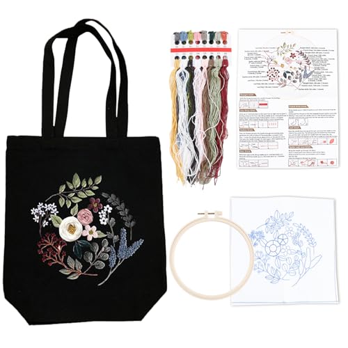 Sticken Set mit Leinentasche Stickset Canvas Tote Bag Anfänger Erwachsene Stickerei Blumenmuster Mit Werkzeug und Anleitung Kreuzstich Kit Stickpackung für Anfänger Erwachsene und Stickereiliebhaber von MIYUANGKJ