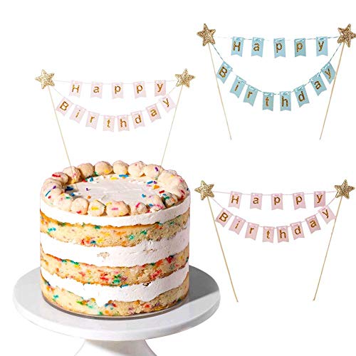 HUSZZM 2pcs Happy Birthday Tortendeko Kuchengirlande Wimpelkette Kuchen Wimpelkette Torten Girlande Geburtstag Wimpelkette Cake Topper Kuchen Topper für Torten Cupcake Kindergeburtstag Party Pink Blau von HUSZZM