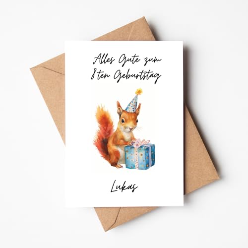 MJ-GRAPHICS® Personalisierte Karte zum Geburstag Glückwunschkarte mit Eichhörnchen und Namen Geburtstag Geldgeschenk für Patenkind, Mädchen und Junge - Geburtstag Glückwunsch Klappkarte inkl. Umschlag von MJ-GRAPHICS